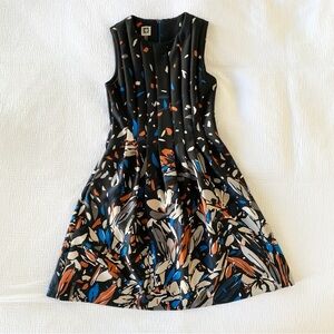 Anne Klein Abstract Floral A Line Dress - Black, Blue, Orange - Size 4